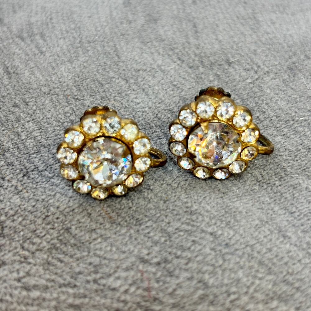 VTG Coro Screw Back Earrings Rhinestone Gold Tone 1/2" Condition Issues Signed